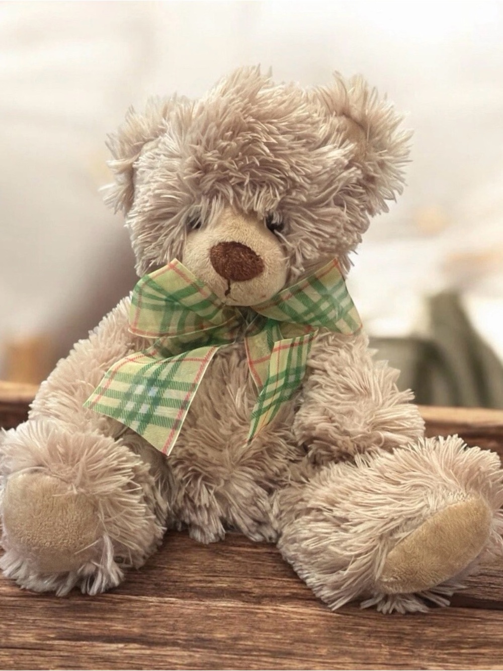 First & Main Plush Beige Teddy Bear with Green Plaid Bow - Soft Kids Toy